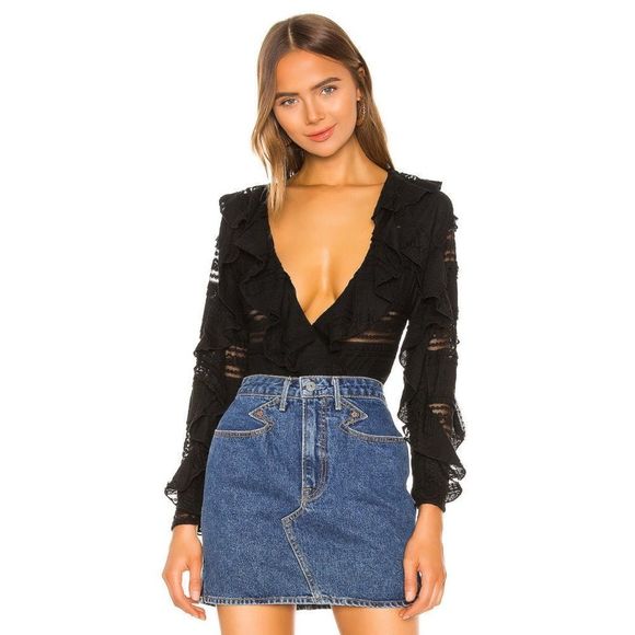 Tularosa Flora Lace Ruffled Bodysuit Black Size Large - Picture 5 of 12